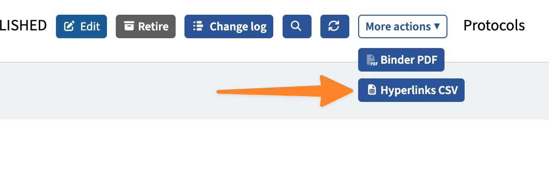 Screenshot of the Hyperlinks CSV button in the set action buttons.