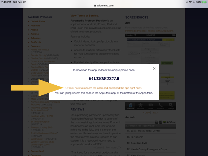 Screenshot showing a dialog box displaying a promo code, and a link to the app store