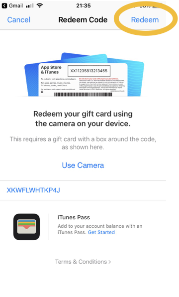 Screenshot of the Apple App Store code redemption screen, with the Redeem button highlighted