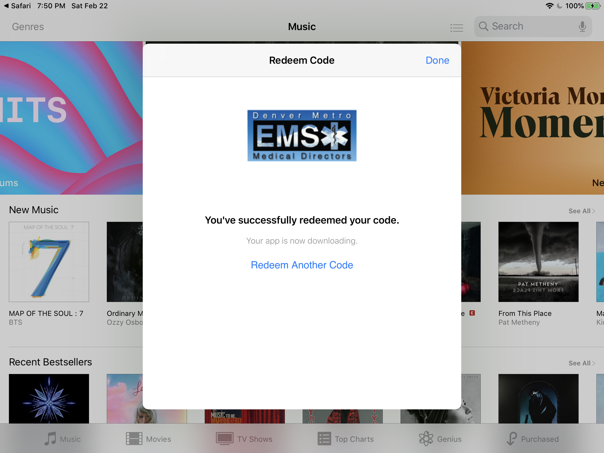 Screenshot of the success screen shown after redeeming a code