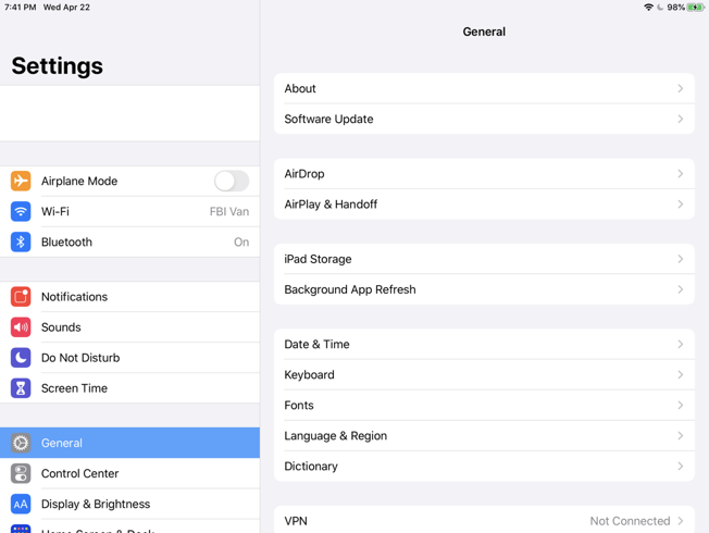 iOS settings page