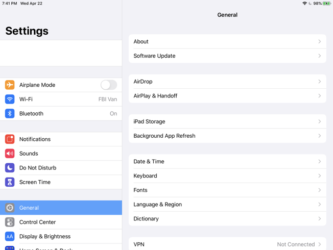 Screenshot of the iOS settings app with the General section activated