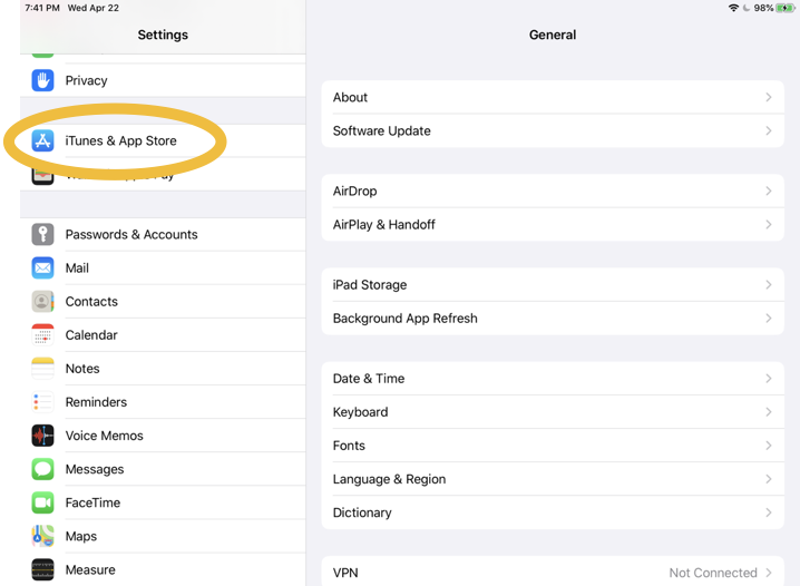 Screenshot of the iOS Settings app showing where to find iTunes and App Store settings