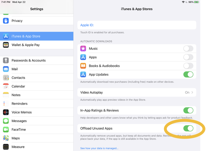 The switch for Offline Unused Apps, turned on