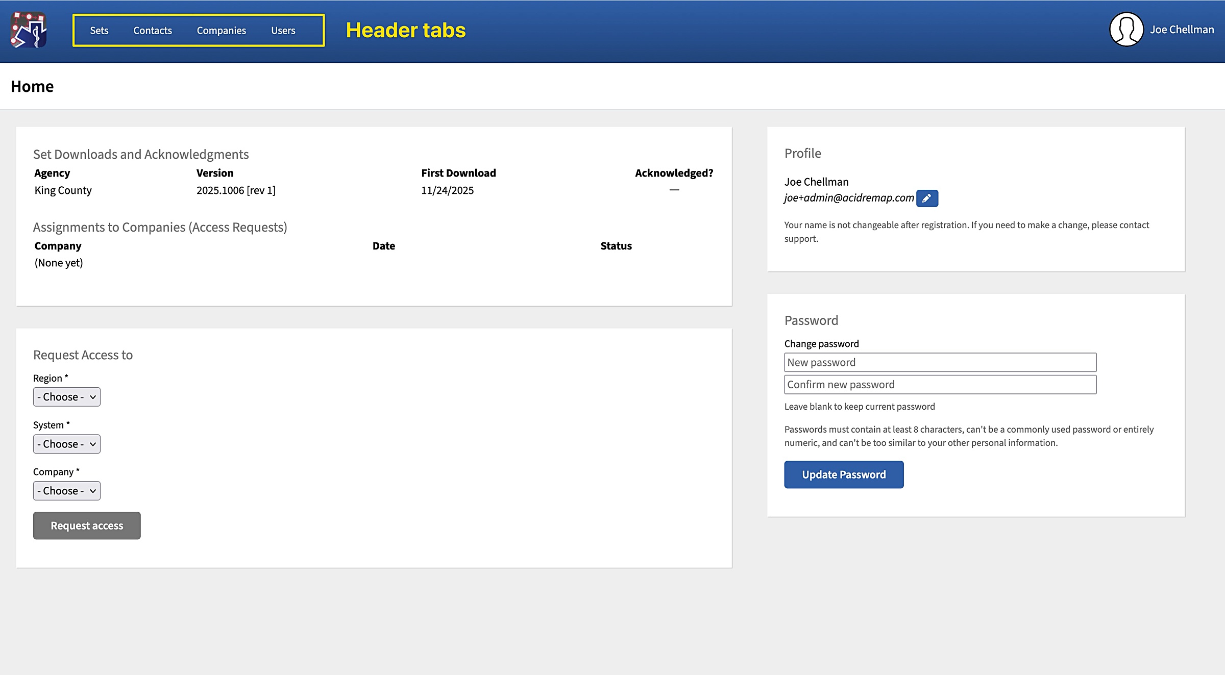 Profile page in the portal, with the header tabs highlighted