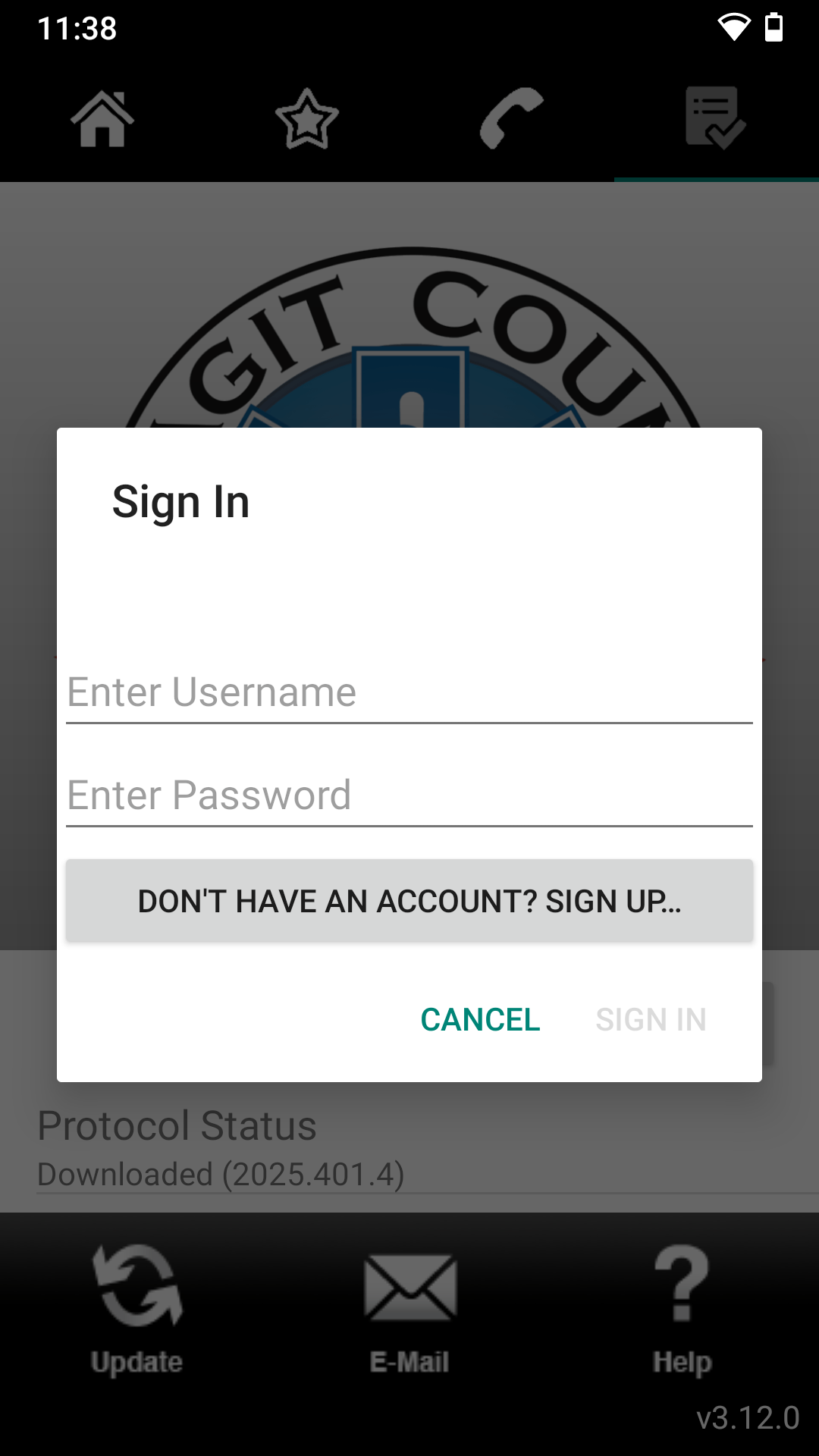Screenshot of the Android app showing the sign in form, with buttons to Sign In, and to Sign Up if you don&#39;t have an account yet