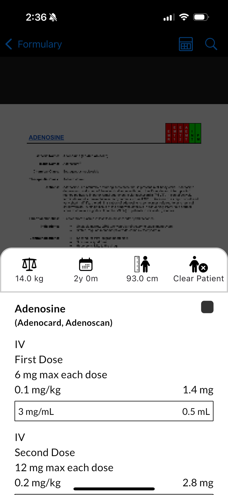 Screenshot of PPP for iOS showing calculated dosages for a medication