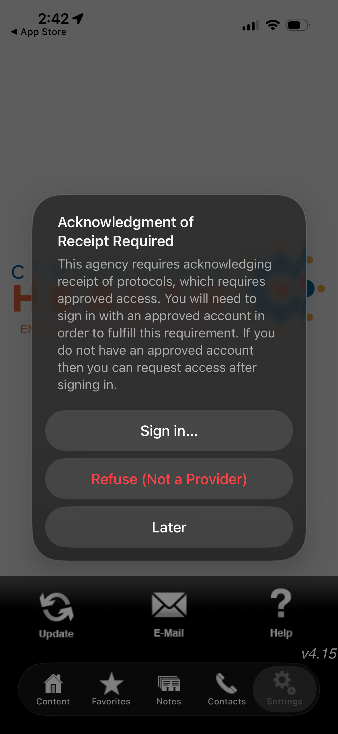 Screenshot of the iOS app prompting for acknowledgment of receipt